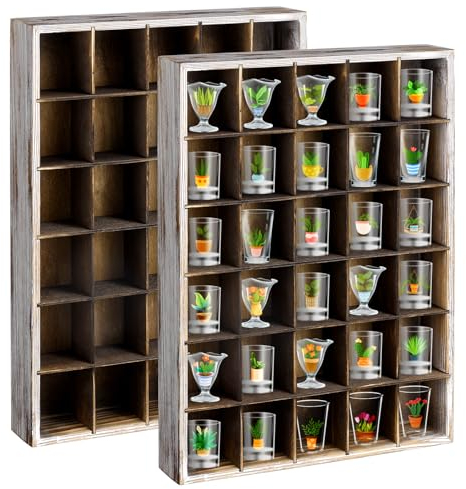 2 Pcs Shot Glass Display Case, Retro Wooden Shot Glass Shelf with Removable Shelves, Wall Mounted Shadow Box Thimble Display Case, 30 Slots