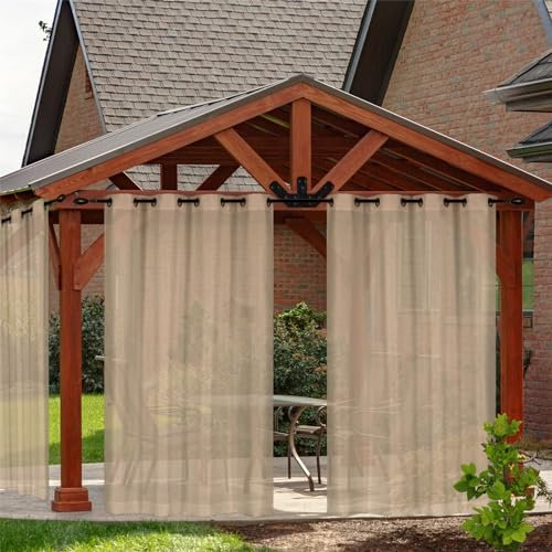 RCLONGEU Outdoor Vorhang Transparent Wetterfest mit Ösen (2 Stück) Voile Gardinen Vorhänge Für Balkon Terrasse Wasserdicht Sichtschutz Sonnenschutz (2x132*243CM,Khaki)