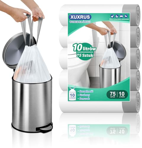 XUXRUS Müllsäcke 10L mit Zugband Weiße Müllbeutel Kleine Abfallbeutel mit Tragegriff,75 Stück Mülltüten