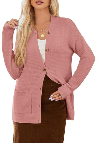 GRACE KARIN Cardigan Long Femme avec Poches Cardigan Femme Manches Longues Col Baseball Rose XXL