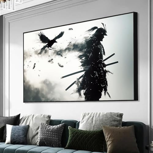 Leinwandbild mit japanischem Samurai, schwarz-weiß, Krieger-Poster, gepanzerter Samurai-Druck, japanischer Krieger, Wandkunst, asiatisches Kriegerbild, Bushido-inspirierendes Poster,