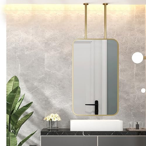 GHHDPDMJ Goldener, an der Decke montierter Spiegel, Badezimmer-Kosmetik-/Schminkspiegel mit Metallstange und rechteckigem Rahmen mit abgerundeten Ecken, dekorativer Wandspiegel für Zuhause oder Hotel