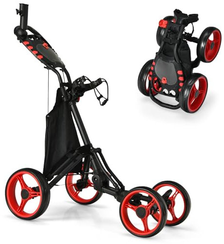 GYMAX 4 Wheels Golf Push Pull Cart, Lightweight Golf Trolley with Storage Bag, Foot Brake, Built-in Cooler and Umbrella Holder, Foldable Convenient Quick Open Golf Bag Holder (Red)