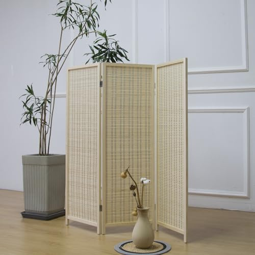 Furnnylane Divisorio a 3 pannelli in bambù corto pieghevole, divisorio in bambù a doppia faccia per separare la stanza, beige, 120 cm H x 117 cm W