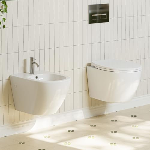 Hänge WC Set mit Bidet - Toilette mit WC Sitz mit Absenkautomatik - Hänge-Bidet aus Keramik mit Hahnloch und Überlaufschutz - Wand WC Spülrandlos mit Nano Beschichtung - Bidet Hygienedusche für Intim