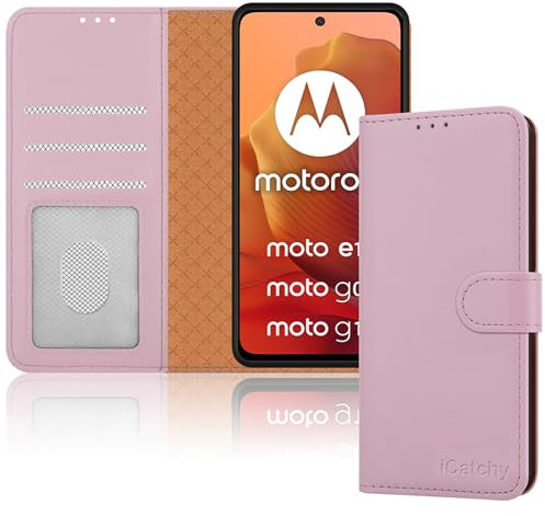 iCatchy Case for Motorola Moto G15 / Moto G05 / Moto E15 Case Leather Wallet Book Stand View Magnetic Protect RFID Blocking Cover compatible with Motorola G15 / E15 / G05 Phone Cover (Rose Gold)