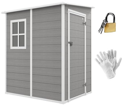 Outsunny Gerätehaus 1,54m³, Gartenhaus mit Pultdach, Boden 122 x 149 x 192/177 cm, wetterfest Geräteschuppen mit Abschließbar Tür, Fenster, Gartenschrank aus Kunststoff, für Hinterhof, Garten, Grau