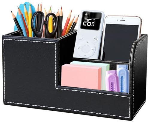 VKFOFEG Schreibtisch Organizer, PU Leder Stiftehalter Schreibtisch, Büroorganizer mit 3 Speicherabteil, Multifunktionaler Stifte Organizer, Büro Organizer Bürobedarf für Büro Zuhause Schule (Schwarz)