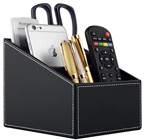 XNONE Remote Control Holder with 5 Compartments,Pu Leather Office Organization Storage for Makeup Brush | Pen Holder | Media | Stationeries | Phone Holder Perfect Home Decor Caddy (Black)