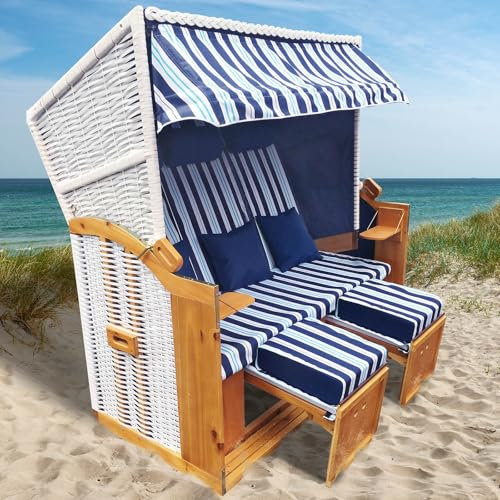 BRAST® Strandkorb Usedom 3-Sitzer XXL für 2-3 Personen | 165cm breit | 5 Designs | inkl. wetterfeste Abdeckhaube | verstellbare Rückenlehne Fußkissen | Hellblau - gestreift