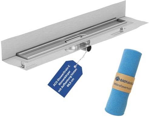 BADfabrik24 ACO ShowerDrain C Duschrinne 68,5 cm – Rinnenkörper mit Aufkantung hinten, Einbauhöhe 5,7–12,8 cm, Edelstahl - Art.-Nr. 9010.85.50 inkl. Mikrofasertuch