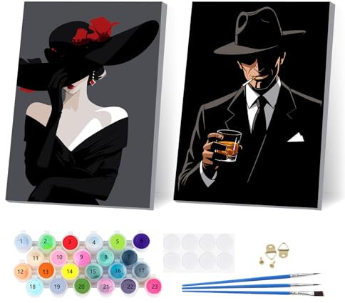 2 Piezas Caballero Pintar por Numeros Adultos Niños con Marco, Cuadros para Pintar por Numeros Dama con Vestido Negro, Lona sin Pliegues Pintura al Colorear por Numeros, Decoración del Hogar 20x30cm