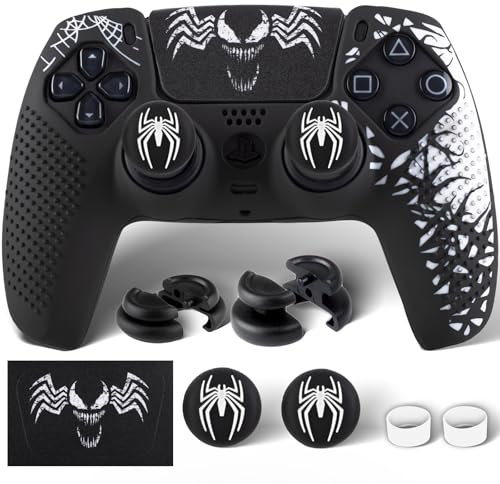 PlayRealm Silikon-Aufkleber für PS5-Controller, Venom, Weiß, 1 Stück & Verlängerungsgriffe