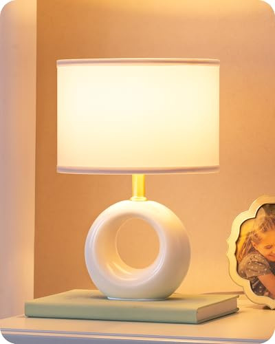 EDISHINE Keramik-Tischlampe, elegante und moderne Nachttischlampe mit Stoffschirm, E14-Leuchtmittel inklusive, 2700K Warmweiß, für Schlafzimmer, Wohnzimmer und Dekoration