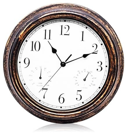 Gartenuhr Wetterfest, Außenuhren Wasserdicht, Wasserdichte Wanduhr, Außenuhren Wetterfest Mit Thermometer Und Hygrometer, Wanduhr für Drinnen Und Draußen für Küche Wohnzimmer Badezimmer (12 Zoll)