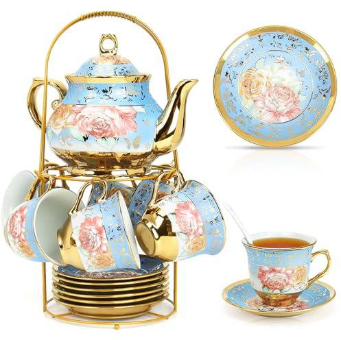 20 Stück Teeservice Porzellan Teeset mit Metallhalter, 700ml Teekanne Keramik Teeset, Blumendesign Goldenem Rand, 6x160ml Tassen und Untertassen für Frauen Teeparty, Blau
