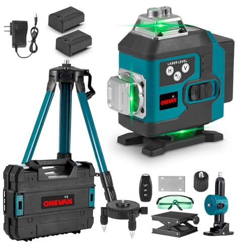 ONEVAN Kreuzlinienlaser mit Stativ 4D 16 Linien Grün inkl. 2x2400mAh Akkus | 4x360°Abdeckung, 1m Stativ, ±3°Selbstnivellierend, App&15m Fernsteuerung, 5-7 Stunden Laufzeit, Innenausbau, Fliesenverlegung