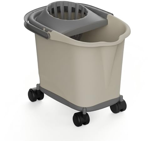 Recamania Secchio rettangolare in plastica con strizzatoio e ruote a 360°, colore beige, 16 l, 39 x 29 x 35 cm