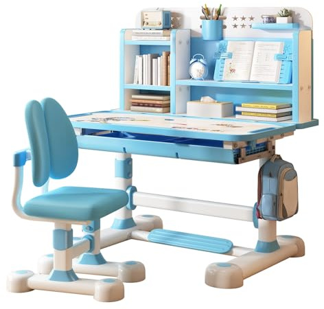Labufiz Kinder-Schreibtisch- und Stuhl-Set, höhenverstellbares, ergonomisches Kinder-Schreibtischstuhl-Set mit Sitzkorrektur, Bücherständer Aufbewahrungsschublade, Lerntisch Stühlen für Jungen B