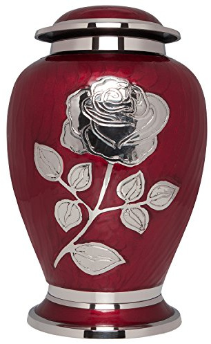 Ansons Urns Urne funéraire Rose argentée avec Grande Fleur sur émail Rouge – Urne funéraire pour Cendres humaines Taille Adulte – 100% Laiton