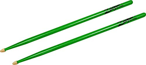 Zildjian 5A Hickory Drumsticks - Wood Acorn Tip - Neon Green