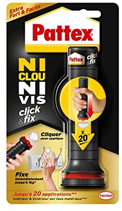 Pattex Ni Clou Ni Vis Click & Fix, colle de fixation sous forme d'applicateur pré-dosé, jusqu'à 20 doses, colle rapide sur tous matériaux, colle blanche, 30 g