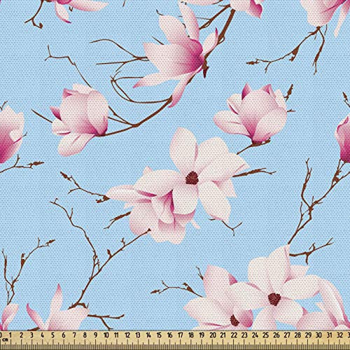 ABAKUHAUS Magnolia Tissu au Mètre, Branches saison printemps, Tissu en Polyester Décoratif pour Rembourrage et Décoration d'Intérieur, 1M (148x100cm), Magenta Rose Et Bleu