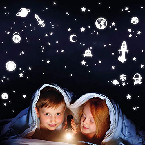 Wandtattoo Loft Leuchtaufkleber Weltall, 143 Stück/Mond, Sterne, Raketen und Kometen, Selbstklebende Lichtersterne, Leuchtende Sterne Aufkleber, Leuchtesterne Wand, Kinderzimmer Leuchtaufkleber