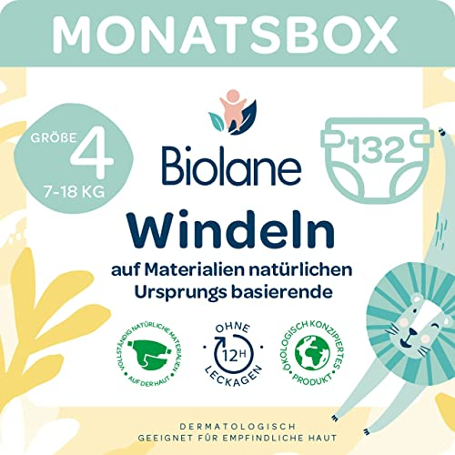 Biolane - Umweltfreundliche Windeln Größe 4 (7 - 18 kg) - 1 Monatspackung - 3 Packungen mit je 44 Stück (132 Windeln) - Auslauffrei für 12h