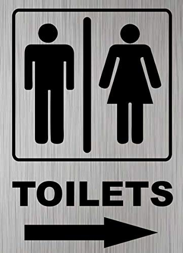Toilets Arrow Right Sign Aluminium Adhesive Toilets Loo, Lavatory Self adhesive Brushed Silver 10cm x 15cm