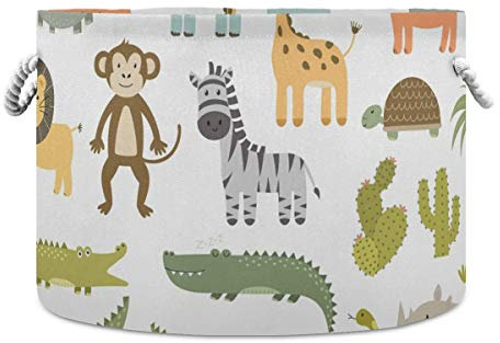 AJINGA Faltbarer runder Aufbewahrungskorb aus Stoff, Spielzeugkiste, Organizer, Giraffe, Löwe, Nilpferd, Wäschekorb mit Kordelzug für Kinder