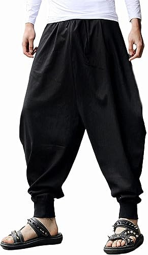 AITFINEISM Men's Drawstring Aladdin Hippie Harem Pants Loose Drop Crotch Trousers, Black-2, Large
