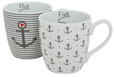 Seaside64 Tasse/Becher-2er Set maritim Anker Herzen - Ebbe und Flut Kaffeetasse Teetasse - 330ml Ankerliebe - Kaffeepott Kaffeebecher weiß grau - Porzellan -Set mit 2 Bechern