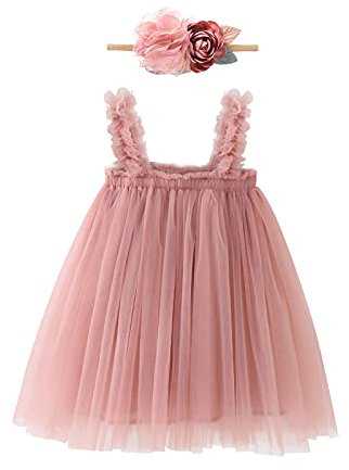 FYMNSI Robe en tulle sans manches pour bébé fille avec bandeau Robe de princesse à bretelles pour un anniversaire, une fête, une séance photo, Rose foncé, 12-18 mois