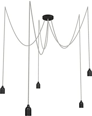 Relight Pendelleuchte 5-flammig Kraken (höhenverstellbar), E27 Lampenfassungen aus Bakelit, 5x 1.5 Meter Textilkabel Schwarz-Weiß Zick Zack