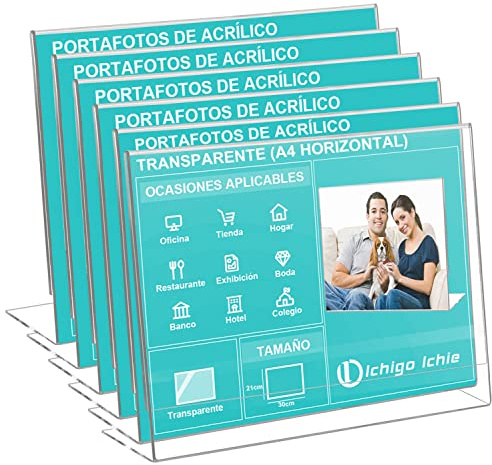 Ichigo Ichie Juego de 6 Soporte de Sobremesa de A4, Portafotos de Plástico Transparente, Soportes de Acrílico para Fotos, Ideal para Hogar, Hotel, Oficina, Tienda y Restaurante (Horizontal)