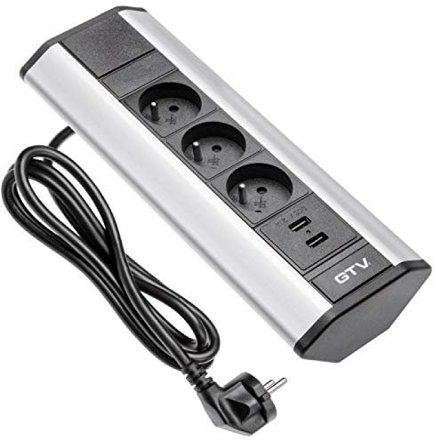 Ecksteckdose, 3 Steckdosen + 2 USB-Kabel, 1,5 m, 16 A, 230 V, 2P+T, silberfarben