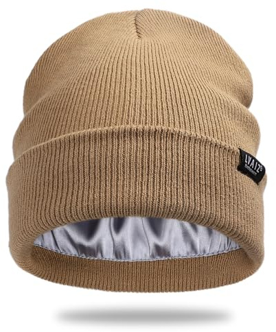 Satin Lined Winter Beanie Hats for Women Unisex Cotton Knitted Cuffed Knit Hat with Silky Lining Slouchy Skull Cap