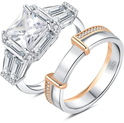 JewelryPalace Prinzessschliff 1.57ct Zirkonia Stein Promise Halo Ring Damen, Verlobungsring Silber 925 Rosegold Frauen, Simulierter Diamant Hochzeitsring Trauring Ehering Stapelring Band Ring Set 59