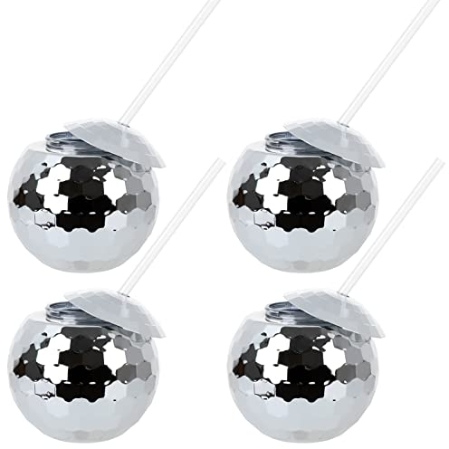 SUREH 4 Stück Discobecher mit Deckel und Strohhalm, 590 ml, silberne Discokugel-Gläser, für Disco, Disco, Bar, Partyzubehör