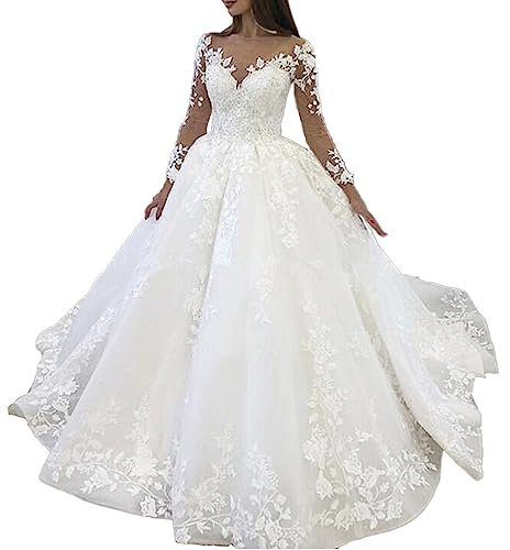HEULORIA Robe de mariée Princesse Col V Manche Longue Dentelle Grande Traine Robe de Mariage BA-VL-0627 (as4, Numeric, Numeric_56, Plus, Regular, White)