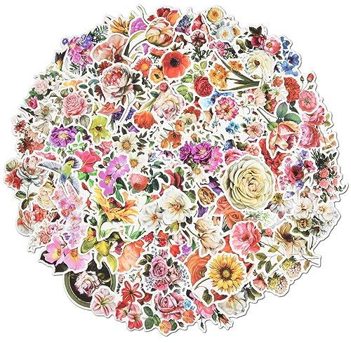 100pcs Flower Water Bottle Stickers, Waterproof Floral Stickers, Flower Aesthetic Vinyl Stickers, Self-Adhesive Plants Stickers for Kids Teens Adults Scrapbook Journaling Laptop Phone Skateboard