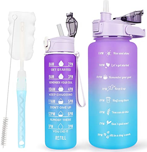 CodiCile 2 Pack Trinkflasche BPA-frei 2L+750ml, Sport-Trinkflasche mit Zeitmarkierung & Strohhalm, 5 Liter Trinkflasche fürs Fitnessstudio mit Bürste, Großer motivierender Zeitmarker Wasserflasche