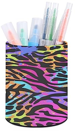 Quteprint Pot à crayons rond pour bureau, imprimé peau de léopard, pot à crayons de bureau, organisateur de maquillage, boîte de rangement pour la maison, le bureau, les enseignants, cuir
