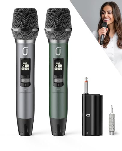 HWWR Micrófonos inalámbricos, micrófonos duales profesionales UHF para karaoke, sistema de micrófono dinámico inalámbrico con receptor recargable, Plug and Play, voz, boda, iglesia, sistema PA