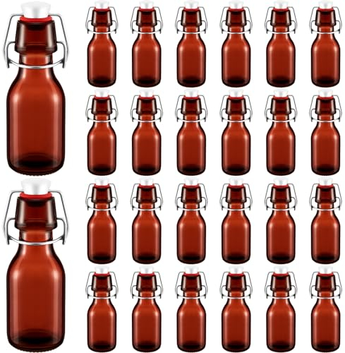 Tessco 24 Pcs Amber Small Glass Bottles with Stoppers 3.3 Oz Clear Beer Bottles with Swing Top Decorative Mini Olive Oil Bottles with Airtight Lids for Wedding Themed Christmas Gifts Party Favors