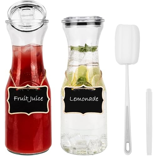 Belle Vous Lot de 2 Carafes à Eau en Verre avec Bouchon - Bouteille Verre 1,1l - Carafe et Pichet pour Boissons Chaudes et Froides - Jus - Thé glacé - Lait - Vin - Cocktail