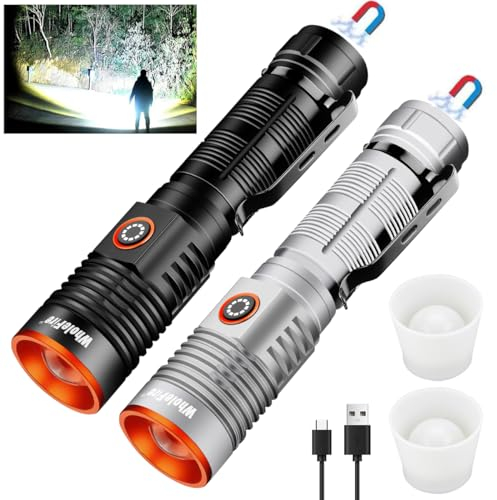 WholeFire 2 linternas LED recargables, base magnética, extremadamente brillante, 20000 lúmenes, recargable por USB, funciona con pilas, linternas con zoom, resistentes al agua para camping