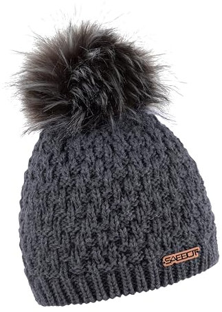 SABBOT Schick Damen Mütze mit Pelzbommel, Fleece-Futter, Wintermütze, Modernes Strickmuster, Warme Kappe (Dunkelgrau)