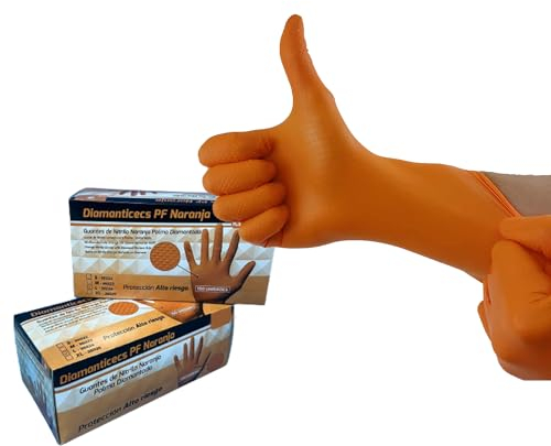 ALMERICORP Guante nitrilo diamantado resistente - Color Naranja 100 unidades (Medium)